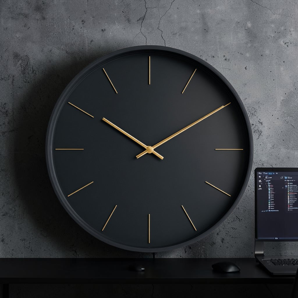 Lucon Modern Black Wall Clock - 12-inch Silent Metal Minimalist Clock - No Numbers Design with Gold Hands - Contemporary Decor for Home & Studio